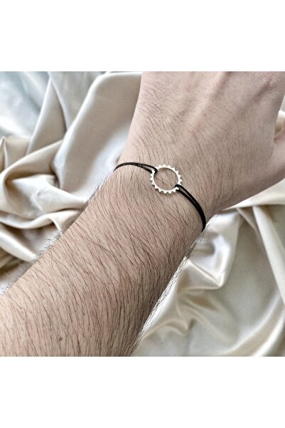 BIJUTERIA NEAGRA Brățară cu pandantiv Soare, argint 925, șnur negru reglabil