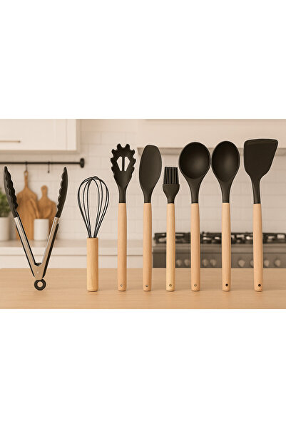 ceviz home züccaciye tekstil ltd şirketi 9-Piece Bamboo Handle Black Silicone Spoon Set – Heat Resistant, Stylish and Durable Kitchen Set
