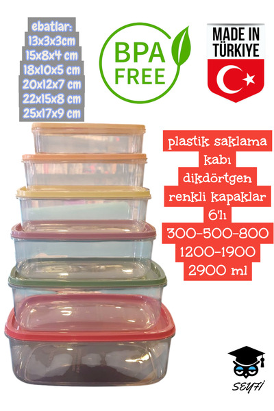 SEYFİKİRTASİYE plastik saklama kabı dikdörtgen renkli kapaklar 6'lı 300-500-8...