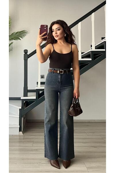 Oslove Dark Blue Washed Belted Stretch Fabric Straight Jean