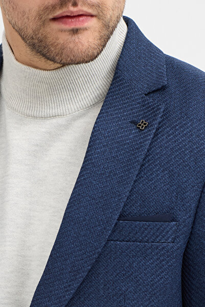 Frappoli Pompillo Men's Navy Blue Mono Collar Slim Fit Patterned Blazer Jacket