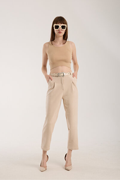winmoda Suede Pants with Belt and Front Fold Detail - Suede Pants with Pockets