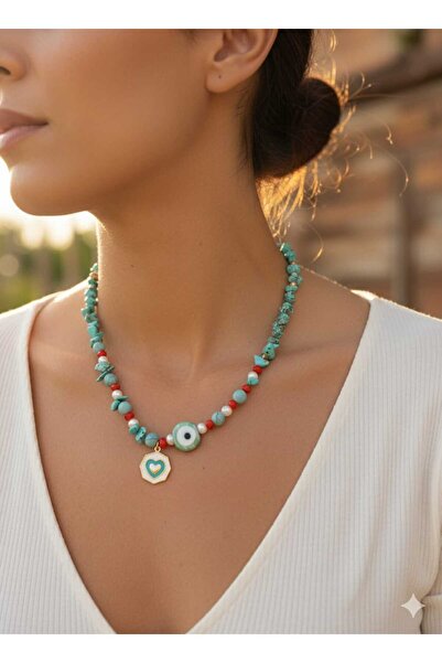 FOR YOU TAKI by Ezgi قلادة مصنوعة يدويًا من حجر الفيروز الطبيعي واللؤلؤ والكر...