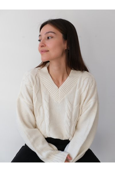 SolQ Oversized Women's V-Neck Elegant Soft Textured Stylish Hair Knit Sweater