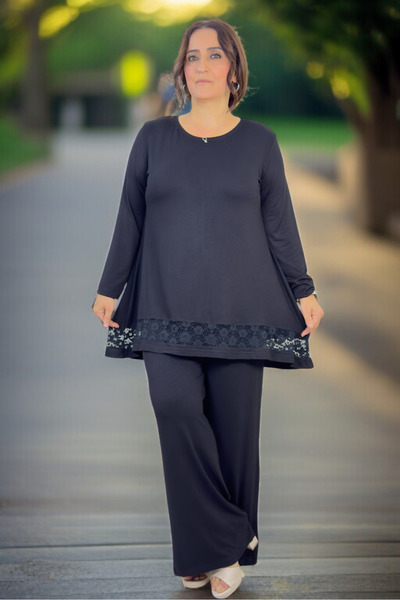 yagmurberen Skirt with Guepure Detail at the Bottom, Circular Necklace Bluse, Elastic Waist Pants, Plus Size, Two-Piece Set