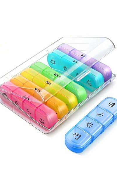 Choice Portable 7-day weekly pill organizer, colorful plastic, with 21 compartments for storing daily vitamins and medications.