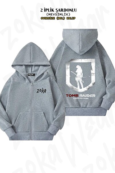 ZOKAWEAR Unisex Tomb Raider 2 Printed Oversized Back Printed Zip Hooded Cardigan