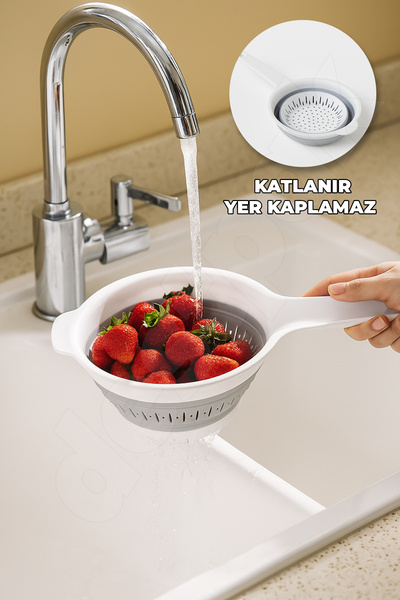 Destpak Space-Saving Collapsible Handle Strainer - Accordion - Folding Strainer - Rice Fruit Washing Strainer