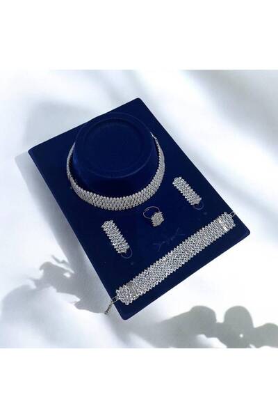 GLAMORA طقم زركون خناق لون فضي 4 قطع مع علبة فخمة