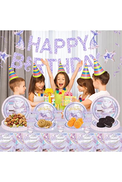 KASTWAVE 102 PCS Mermaid Birthday Decorations Set - Plates, Napkins, Cups, Tablecloth & Banner (Serv
