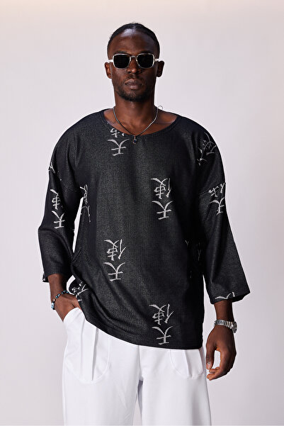 Superbluemexico Unisex Jacquard Patterned Fakir Sleeve T-Shirt