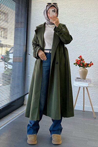 MELEK ARAZ Premium Four Button Oversized Women's Trench Coat - Khaki