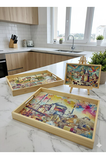 DNC Art&Deco 3'lü İstanbul Temalı Dekoratif Ahşap Tepsi Seti - Vintage Desenl...