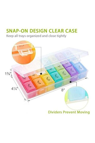 Choice Portable 7-day weekly pill organizer, colorful plastic, with 21 compartments for storing daily vitamins and medications.