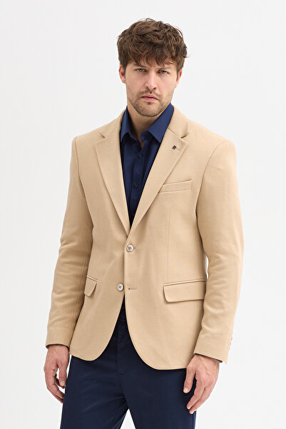 Frappoli Ανδρικό μπλέιζερ Brando από βαμβάκι εφαρμοστό και ύφασμα ελαστικό ελαστικό ύφασμα με αυτοσχεδιασμένο σχέδιο καμηλό