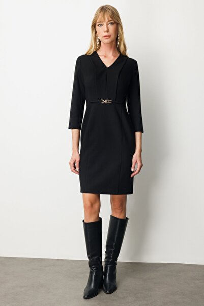 Ekol Beli Metal Aksesuarlı Midi Elbise Siyah 4033-26K