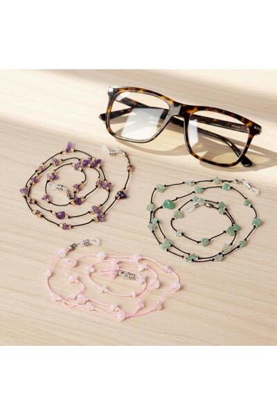 Taş Sandığı Triple Natural Stone Eyeglass Strap Set – Amethyst, Pink Quartz, and Aventurine Glasses Cord