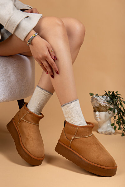 uway Kadın Kışlık Bot Süet Içi Yünlü Kürklü Kalın Tabanlı Bilek Boy Kısa Mini Ug Bot