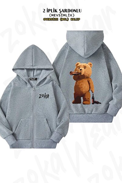 ZOKAWEAR Унісекс-куртка з принтом ведмедика Тедді, оверсайз, з принтом на спині, на блискавці, з капюшоном