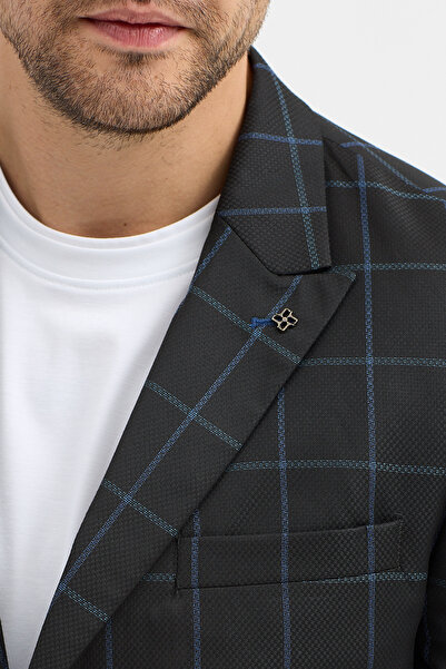 Frappoli Naldo Men's Black-Blue Plaid Patterned Polyviscon Fabric Slim Fit Sports Blazer Jacket