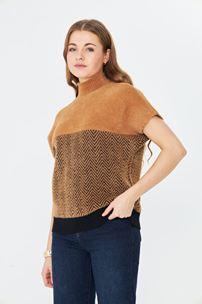 Brevia Coffee Black Zigzag Pattern Half Fisherman Short Batwing Sleeve Women Knitwear Angora Sweater