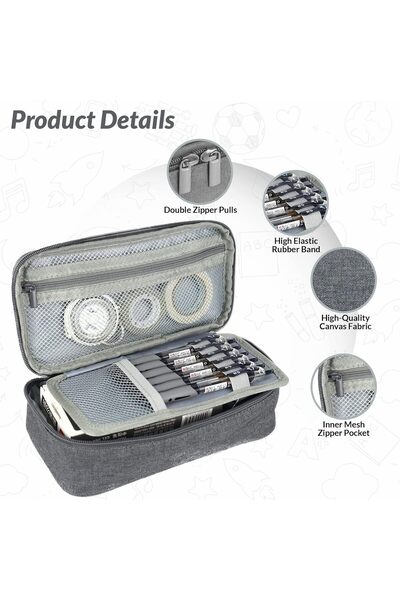 KASTWAVE Large Gray Pencil Case - Big Capacity Zippered Desk Organizer