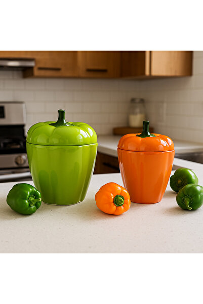 PEKPLUS Green Orange 2-Piece Stuffed Pepper Shaped Storage Container Spice Rack, Kura Piped K,