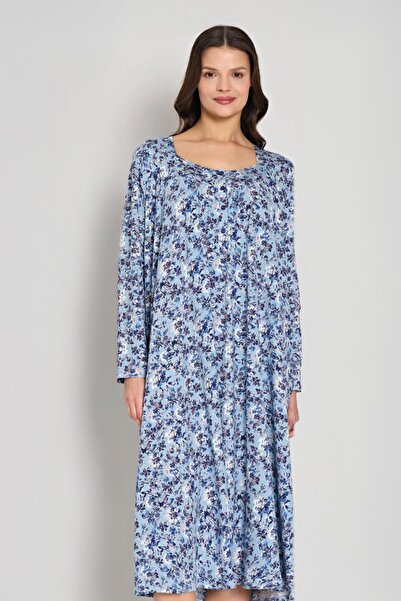 Pijadore Women's Long Sleeve Button-Down Collar Floral Print Long Blue Color Nightgown C1T1N91