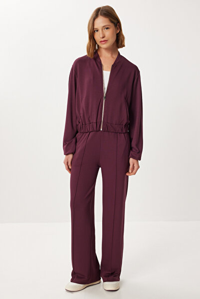 Lovelyİstanbul Fermuarlı Sweatshirt Pantolon Örme Takım LCI0052 MÜRDÜM