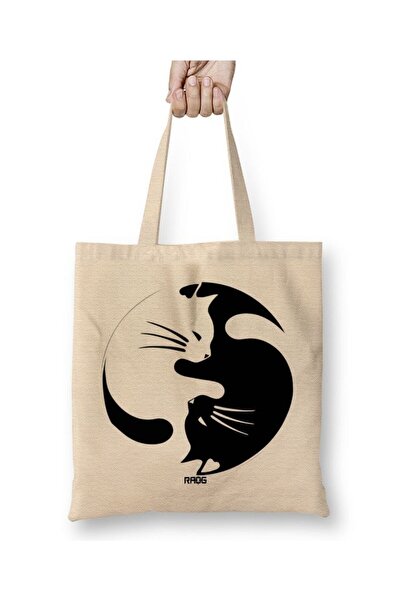 Toyaso حقيبة تسوق من القماش الأبيض الياباني من Cats Kedi Ying Yang بمقبض طويل...