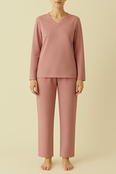 CLAYES Women's Ottoman Fabric V-Neck Long Sleeve Wide Leg Bottom-Top Set