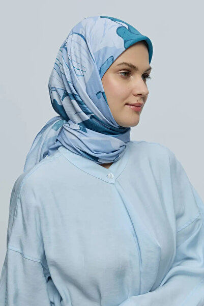 Modakaşmir Peony Pattern Bamboo Scarf - Ice Blue