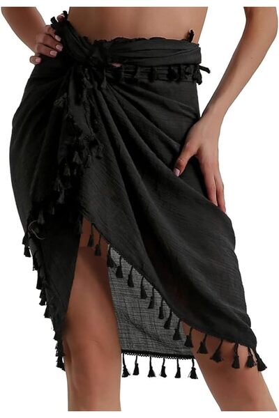 KASTWAVE Beach Sarong Pareo Womens Semi-Sheer Swimwear Cover Ups Short Skirt with Tassels