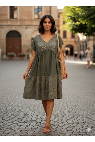 Store Kadın Sarmaşık Yaprak Desen Pullu Keten Elbise