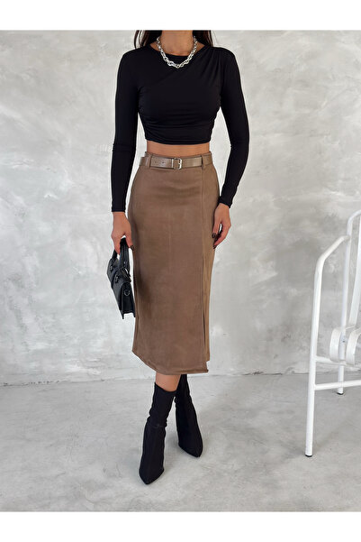 MİSPİER Slit Suede Skirt with Belt