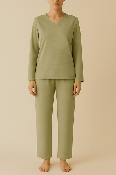 CLAYES Women's Ottoman Fabric V-Neck Long Sleeve Wide Leg Bottom-Top Set