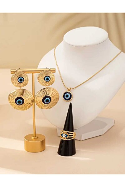beyna aksesuar Gold Plated Floral Evil Eye Beaded Necklace Earring Ring Set Gift Set Valentine's Day Gift Gift for Mother