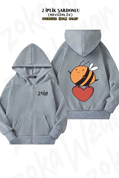 ZOKAWEAR Унісекс милий серцеподібний бджола друкований Oversize спина друкований застібка-блискавка капюшон кардиган