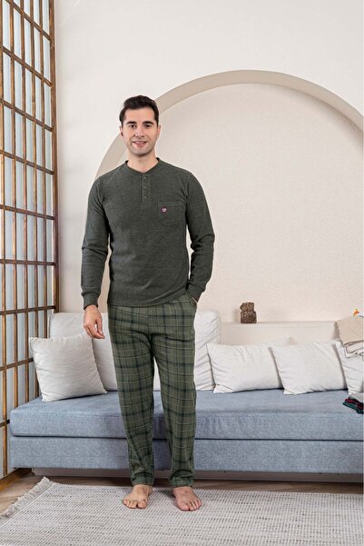 GUAVA+ Men's Khaki 3 Button Chest Pocket Winter Cotton Thessaloniki Fabric Long Cuffed Sleeve Pajama Set with Pockets