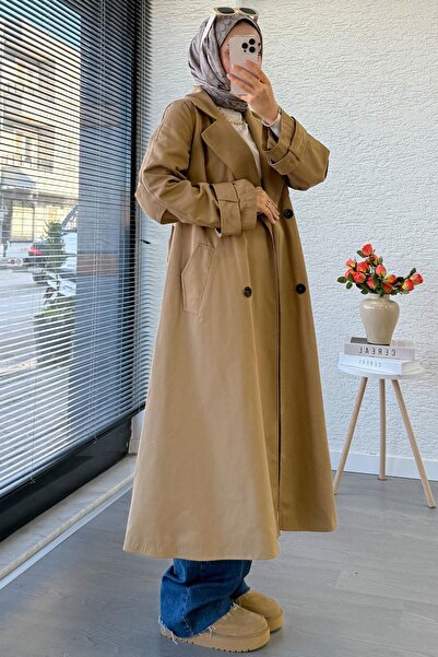 MELEK ARAZ Premium Four Button Oversized Women's Trench Coat - Camel