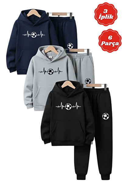 panios kids 3 Thread Thick Winter Football Pulse Themed 6 Piece B Printed Boys' Tracksuit Set