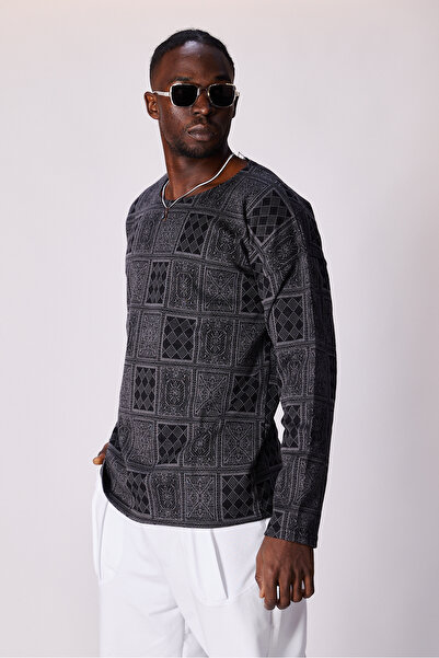 Superbluemexico Unisex Jacquard Patterned Long Sleeve Tshirt