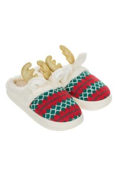Silver Star Christmas Home Slippers with 3D Reindeer Design & High Sole for Women