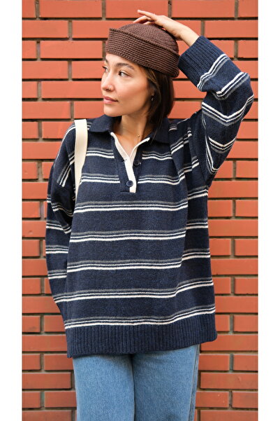 Butik Una Fiaba-Navy Blue Oversized Striped Buttoned Polo Neck Knitwear Sweater