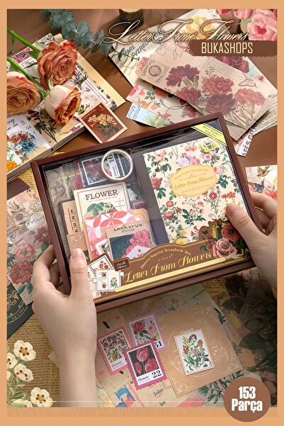 Buka Shops "Letter From Flower" Serisi 153 Parça Çiçek Temalı Scrapbook Seti - Hediye Kutulu Defter, Sticker, W