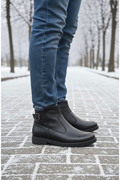 Budaks Men's Genuine Leather Water and Cold Resistant Fur Lined Anti-Slip Sole Lace-Up Zippered Black Casual Boots 490