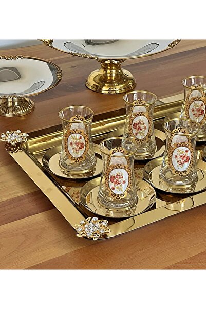 P&ORA PREMIUM KITCHEN PRODUCTS 13 Piece Steel Gold Tray with Brooches, Gilded Patterned Cup with Gold Metal Plate Tea Set Tea Set