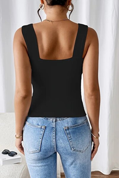 Olyssia Women's Black Square Neck Thick Strap Bodycon Stretchy Stylish Blouse