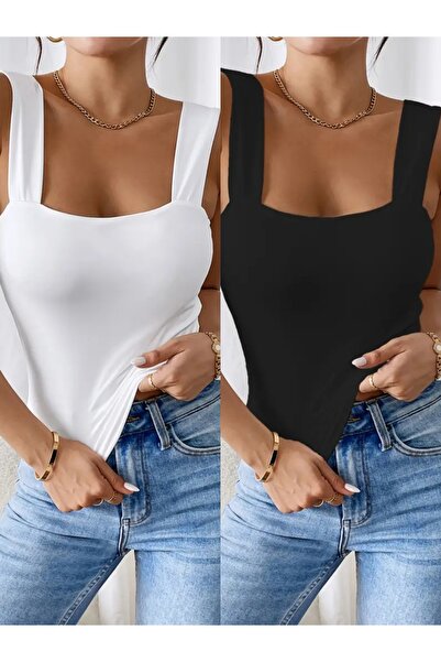 Olyssia Women's 2-Pack - Black & White | Square Neck Thick Strap Bodycon Stretchy Stylish Blouse