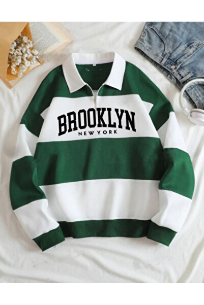 BERAYTEK Green Big Brooklyn cu imprimeu Hanorac cu guler polo cu jumătate de ...